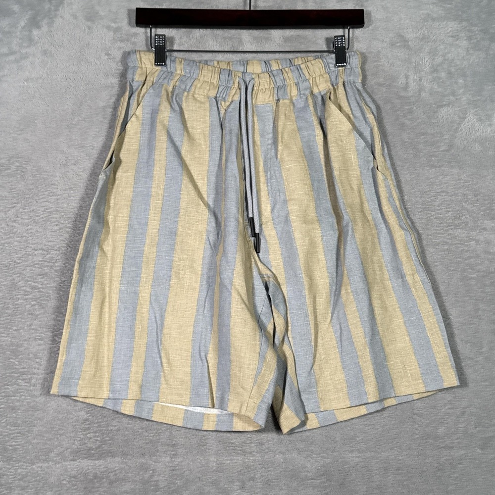 OAS Shorts Mens Medium Green Blue Mist Strata Nicola Linen Stripe Bermuda